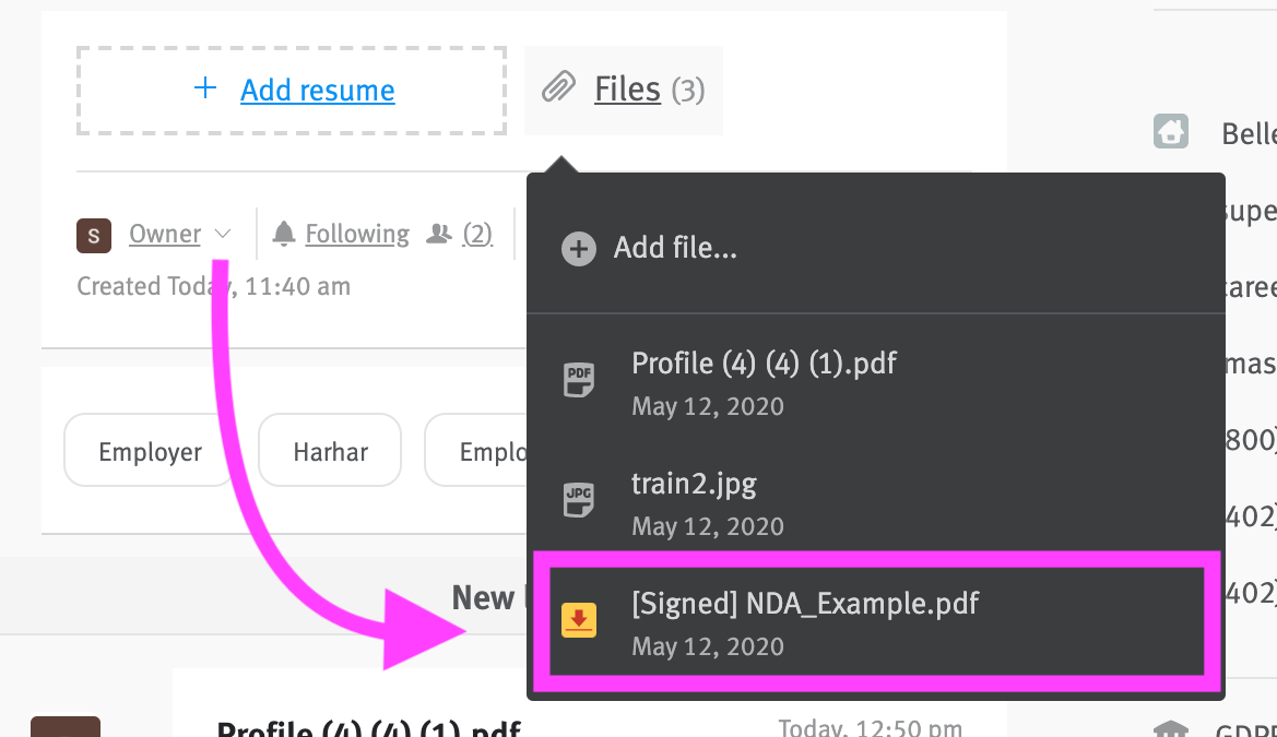 Close-up of file menu on candidate profile with signed document listed.