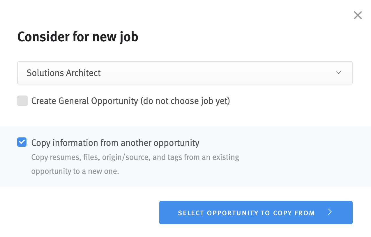 Copy information from another opportunity modal with all options checked