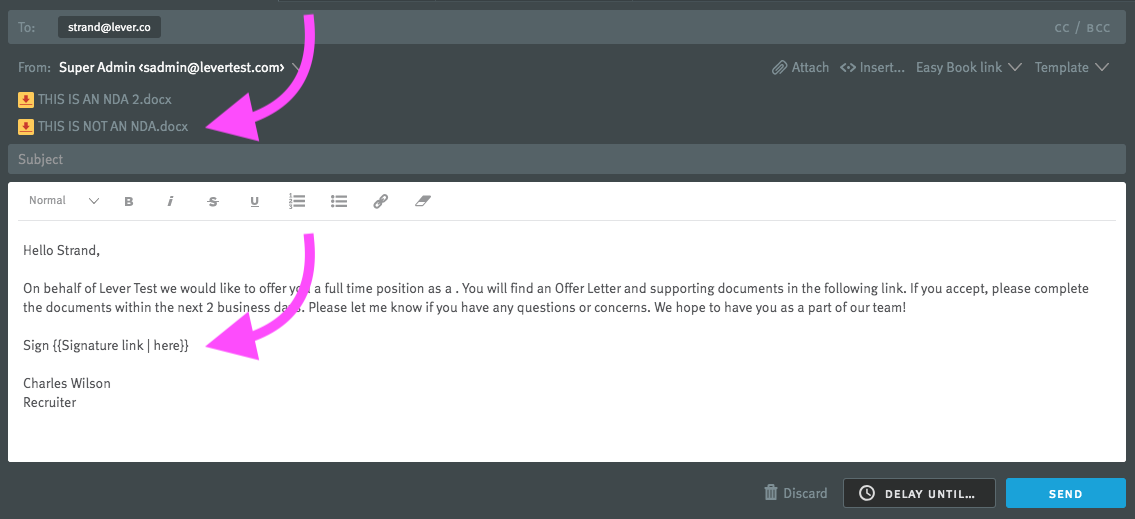 Email editor with arrows pointing to attached document and signature request placeholder.