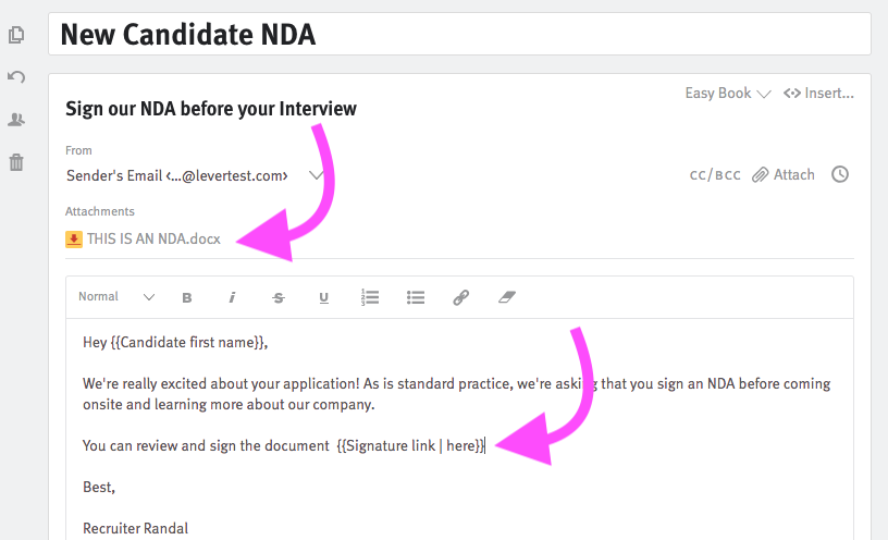 Email tempalte editor with arrows pointing to attached document and signature request placeholder.