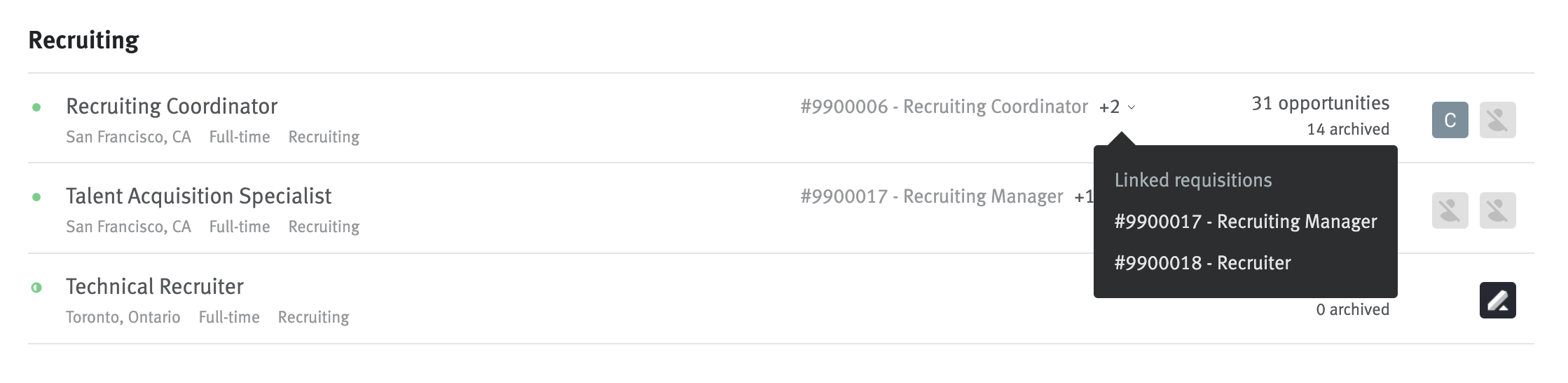 Posting list with linked requisitions expanded.