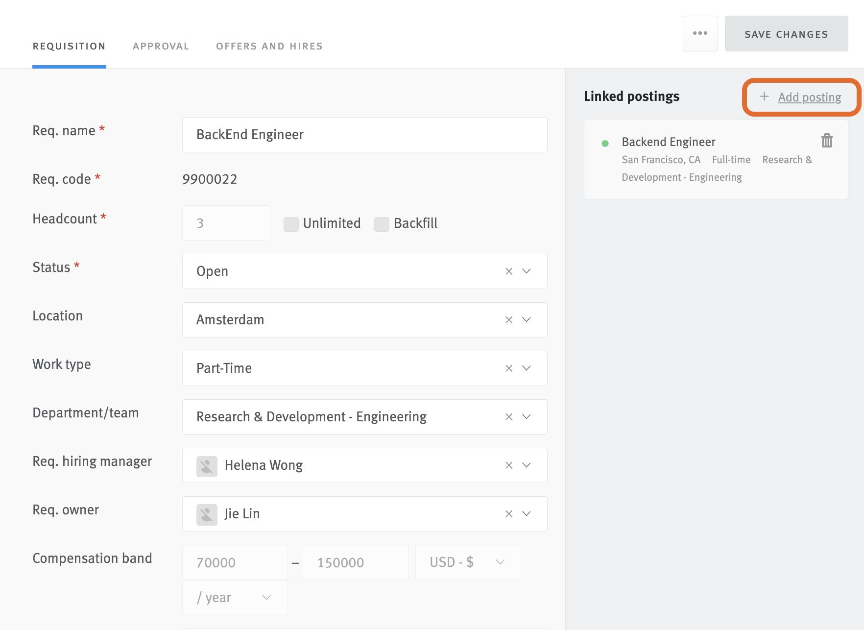 Requisition editor with add posting outlined