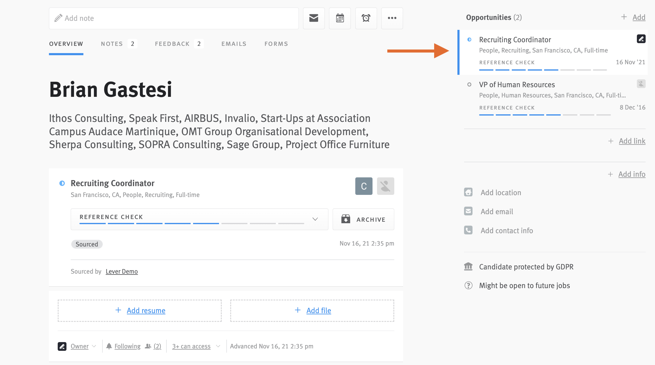 Candidate profile with arrow pointing to opportunities list