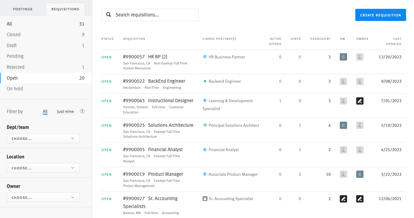 Requisitions page in Lever