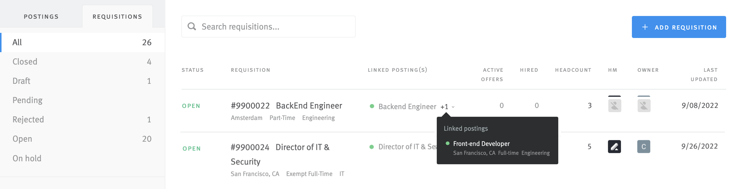 Requisitions page showing linked postings