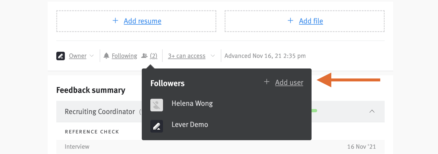 Candidate profile showing add followers box