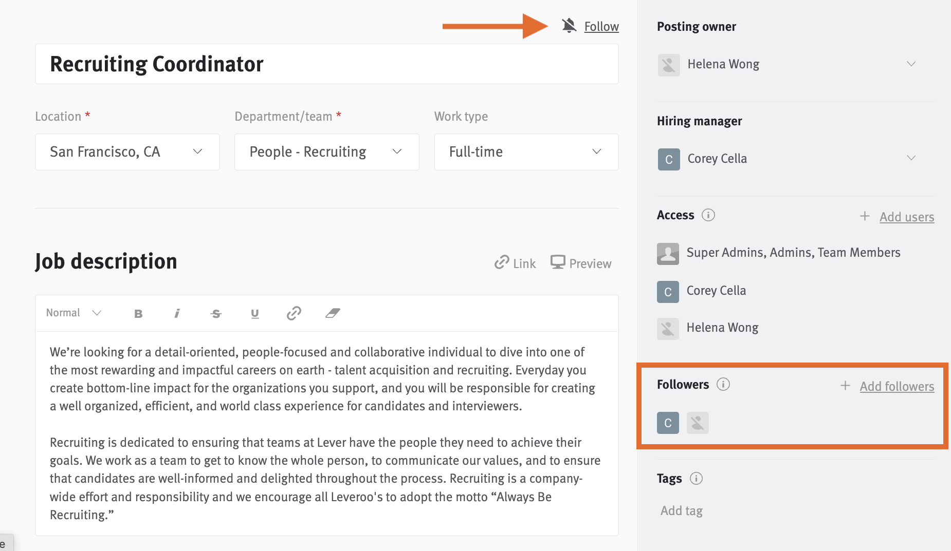 Job posting editor with arrow pointing to follow button and box highlighting followers section