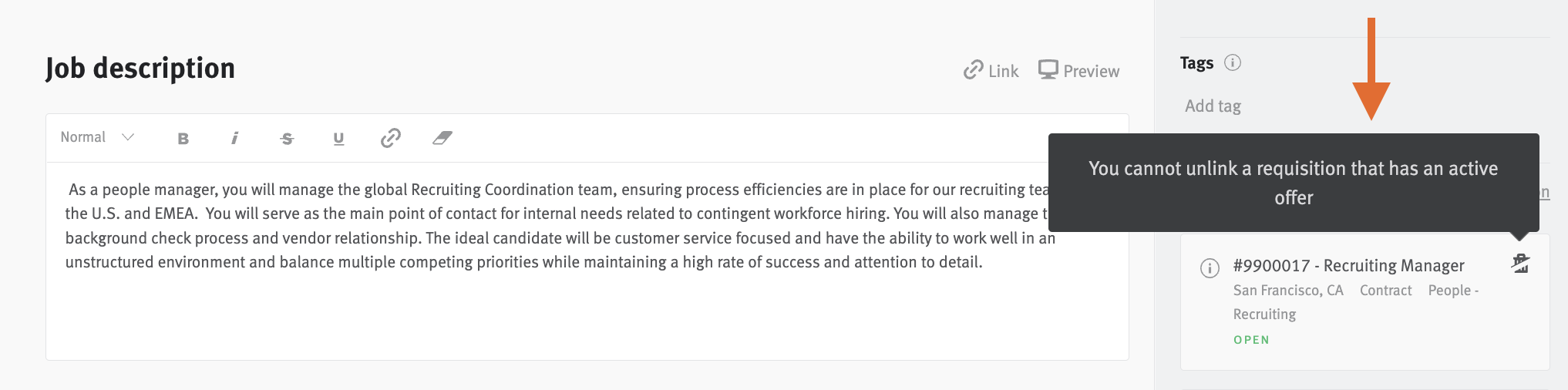 Job posting editor with arrow pointing to cannot unlink warning