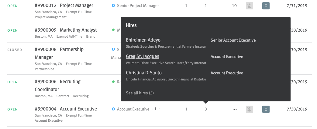 Pop-up extending from hired candidate tally for a requisition containing opportunity information for hired candidates