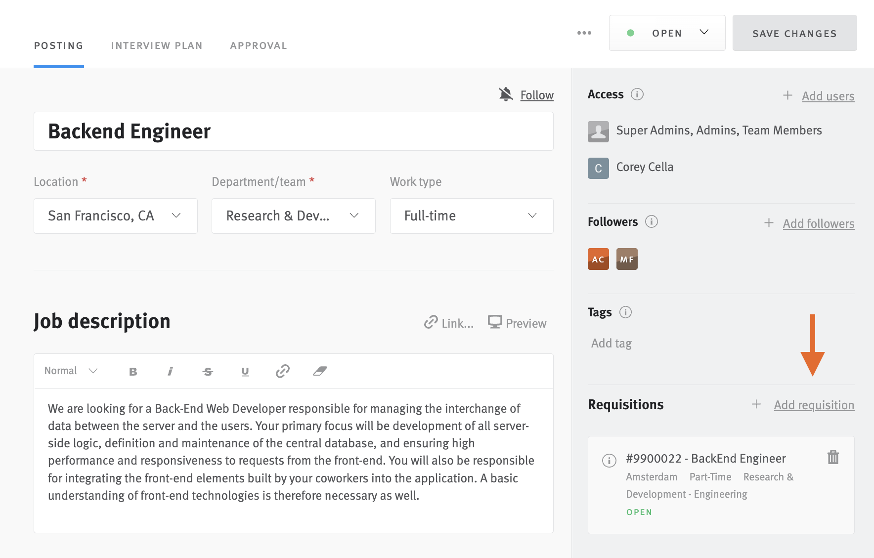 Job posting editor with arrow pointing to add requisition