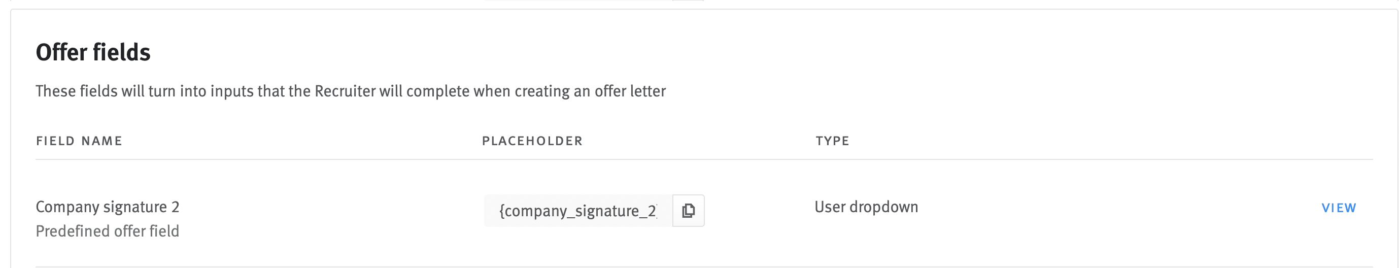Close up of predefined offer field in offer field list.