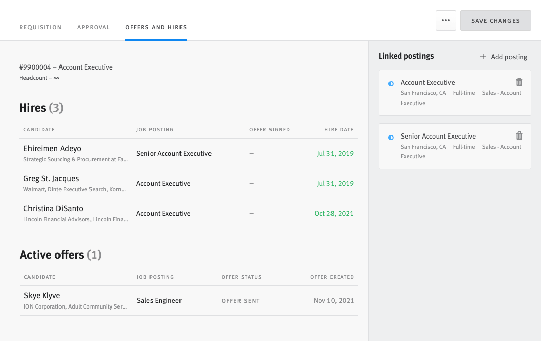 Offers and Hires page of a requisition.