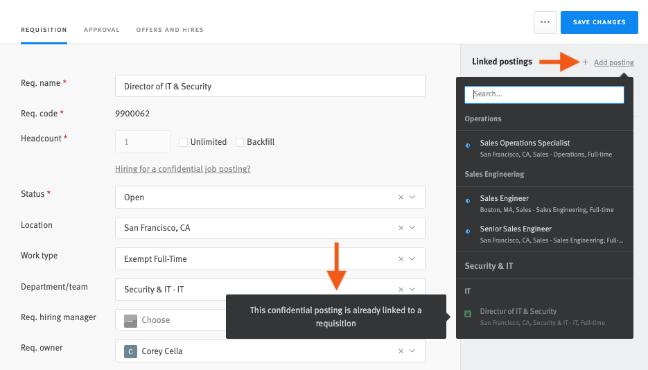 Lever requisition editor with arrows pointing to add posting button and information callout indicating that the confidential posting is already linked to a requisition.