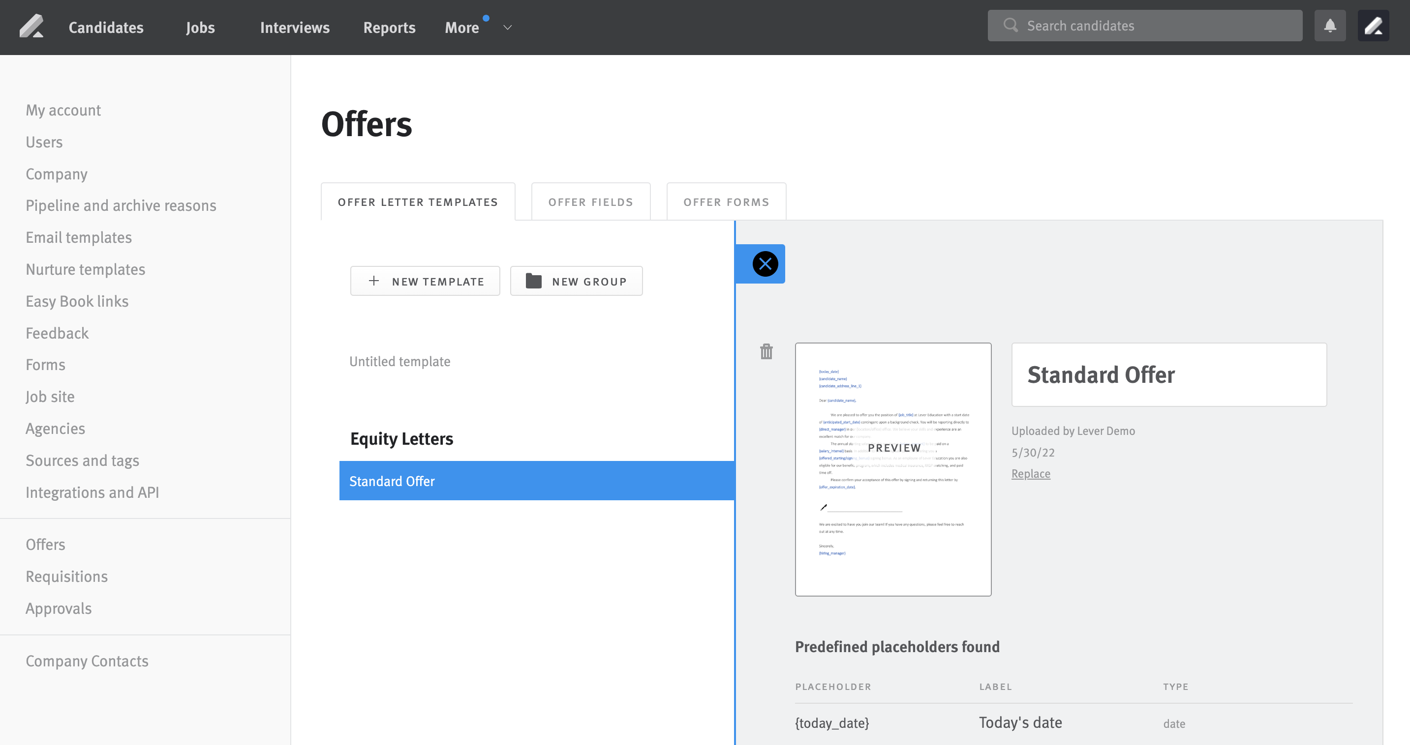 Offer letter template open on Offer Letter Templates page of Offer Settings.