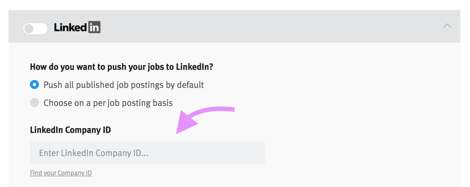 LinkedIn integration tile with arrow pointing to company ID field