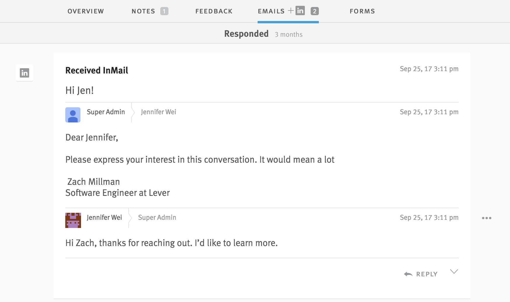 Close up of an InMail under Emails tab of Lever candidate profile.