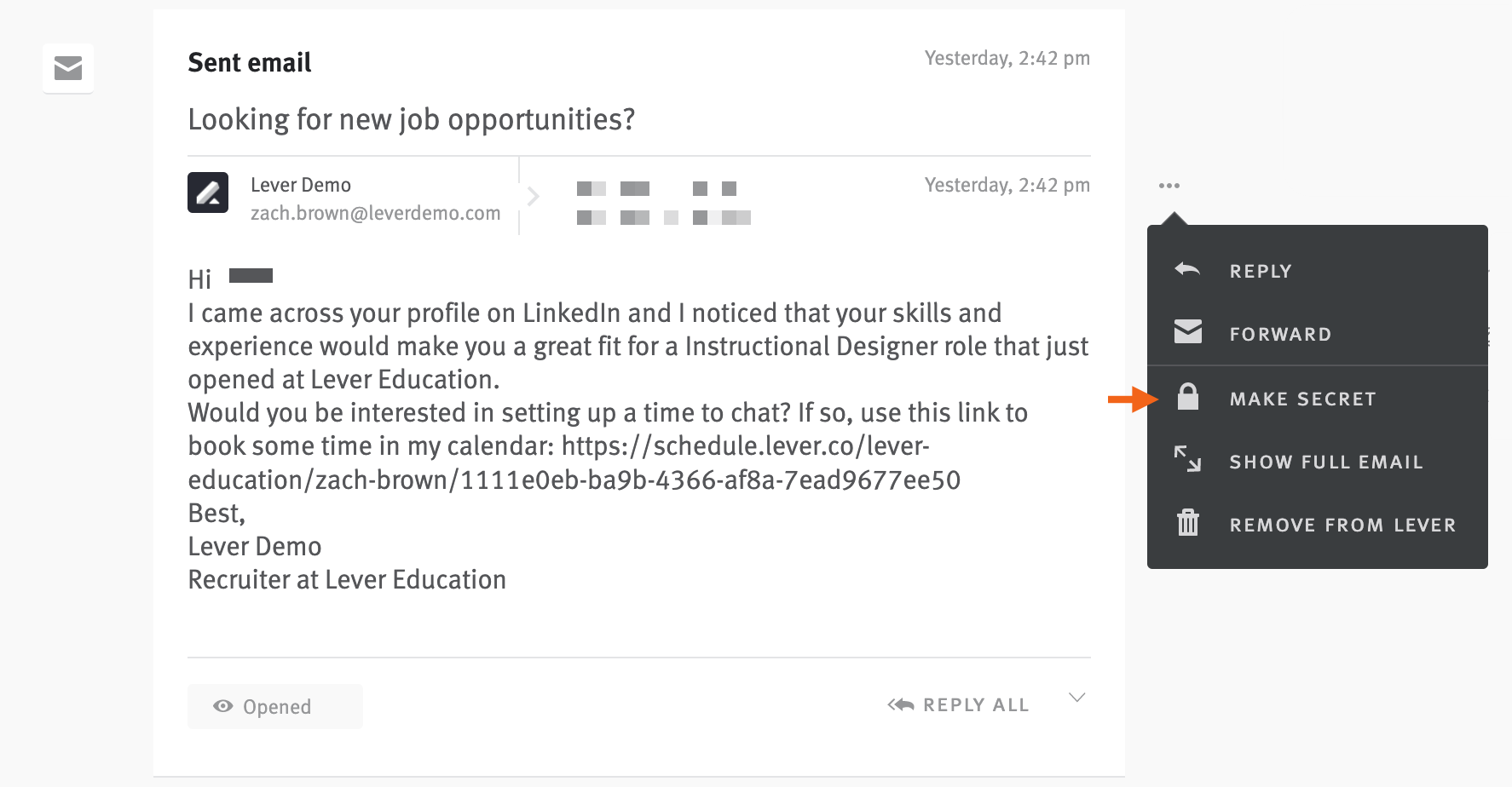 Menu extending from ellipses next to email; arrow pointing to make secret option