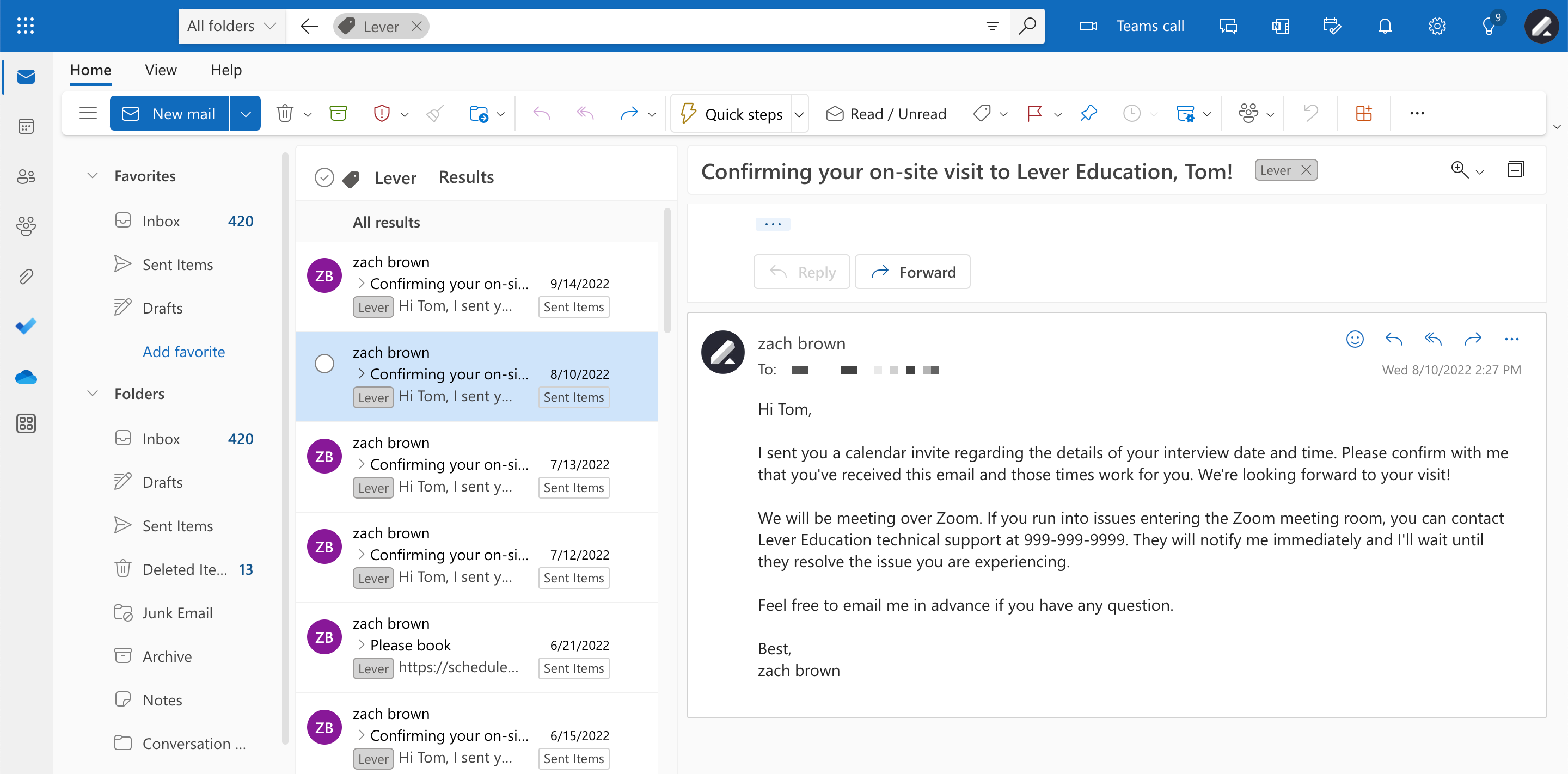 Outlook inbox filtered for emails with the category of 'Lever'
