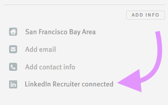 Close up of arrow pointing to LinkedIn Recruiter connected link on candidate profile.g