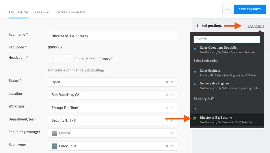 Lever create requisition editor with arrows pointing to add posting button and job posting from dropdown list.