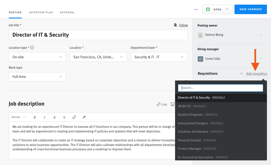 Lever posting editor with arrow pointing to add requisition button.