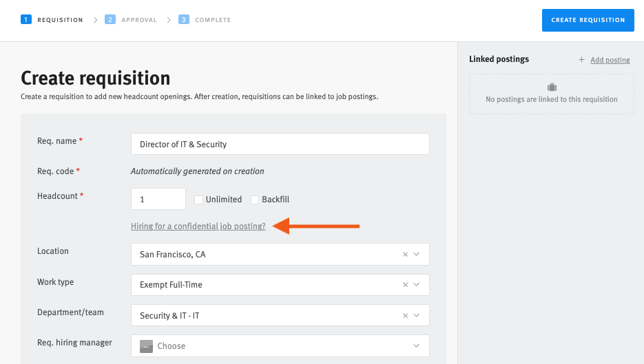 Lever create requisition editor with arrow pointing to Hiring for a confidential job posting? link.