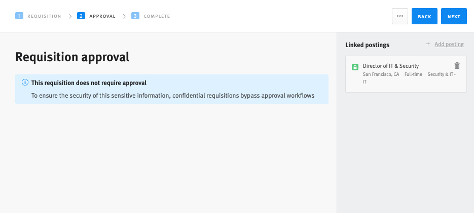 Lever requisition editor showing requisition does not require approval message and blue next button.