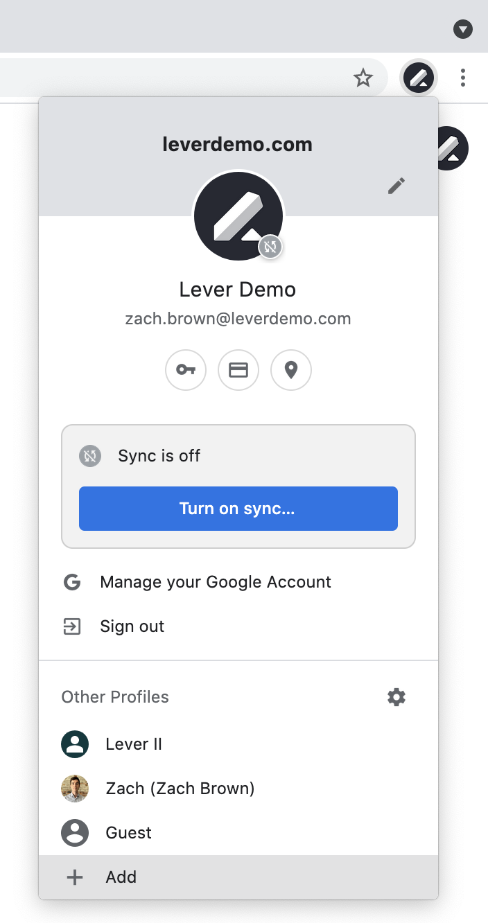 Close up of profile menu in Google Chrome browser.