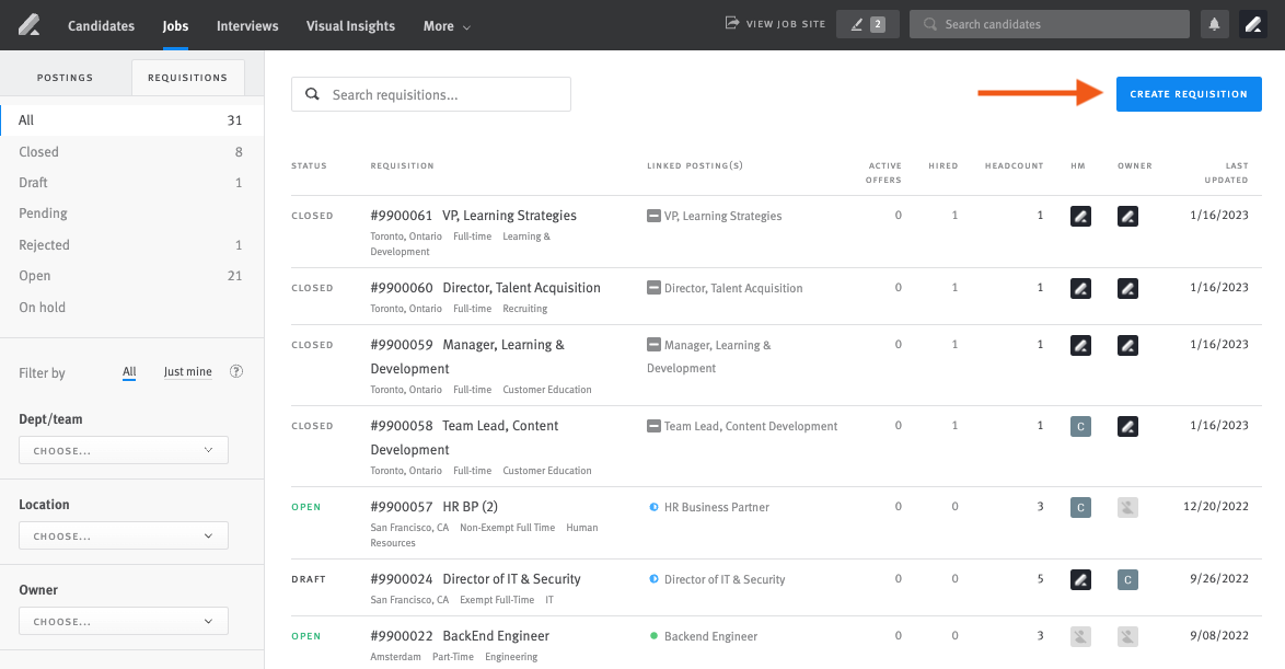 Lever jobs page showing requisition tab with arrow pointing to the blue create requisition button.