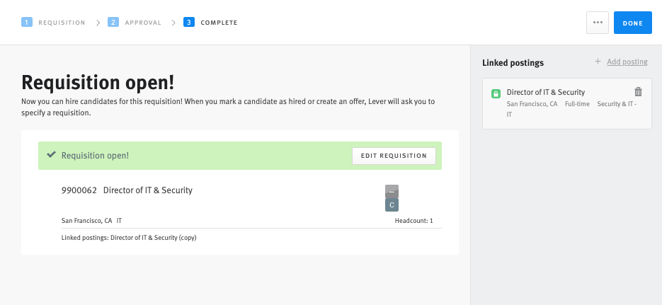Lever requisition editor showing requisition open success page and blue done button.