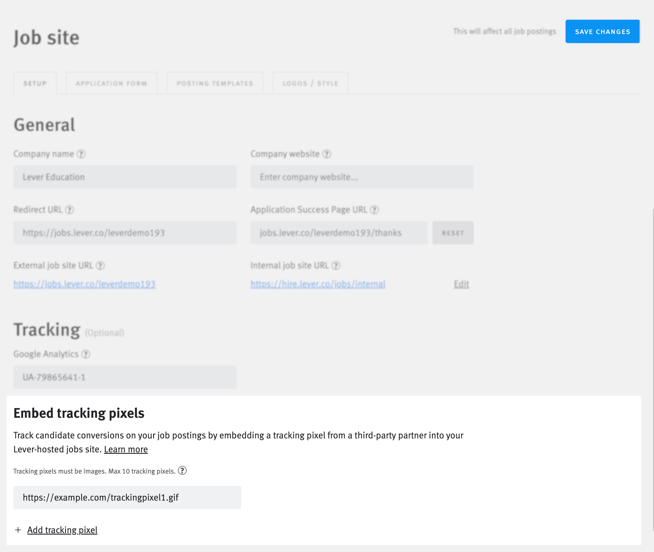 Job site settings page with Tracking pixel field and Save Change button highlighted.