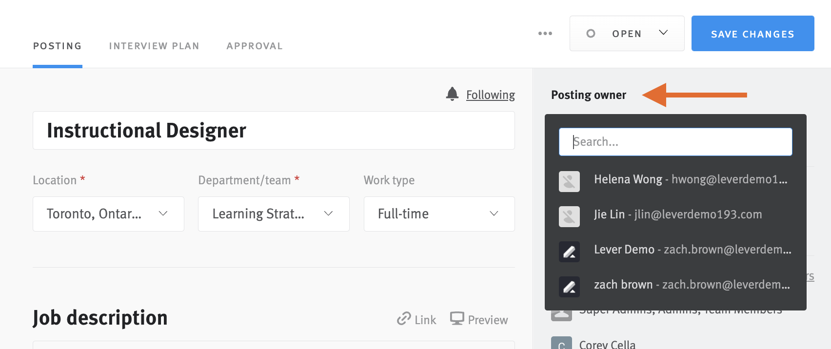 Job posting with arrow pointing to posting owner