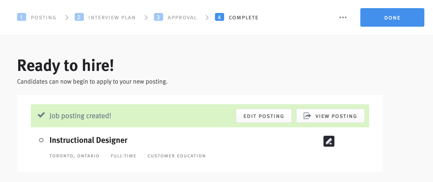 Job posting editor with job posting created message