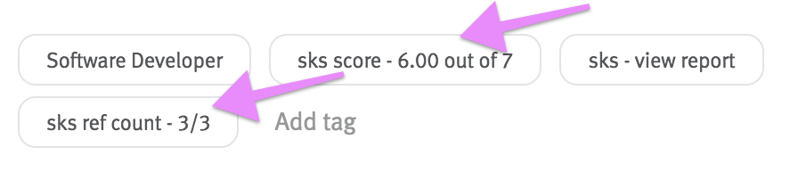 Arrows pointing to SkillSurvey scores and total reference count tags on candidate profile in Lever