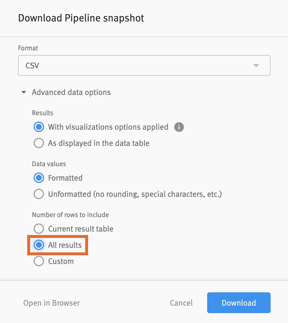 Expanded advanced data options menu with all results selected under number of rows to include heading.