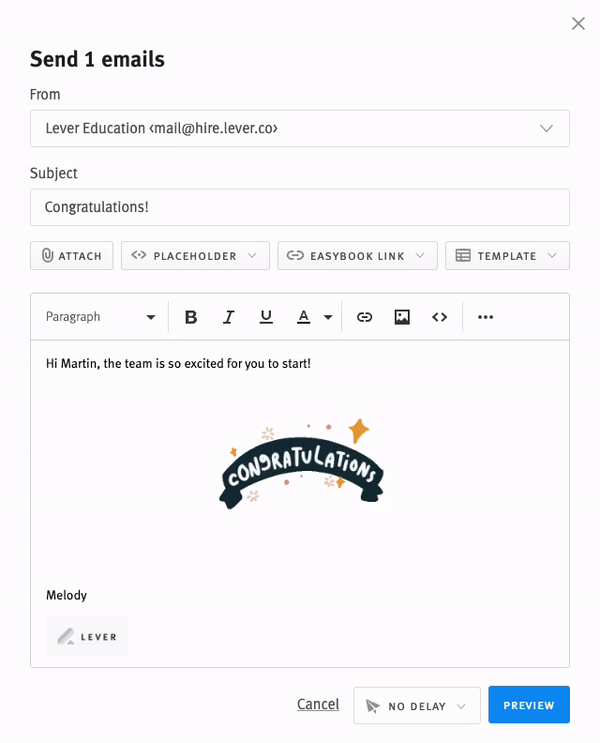 GIF showing lever email with animated gif and logo.