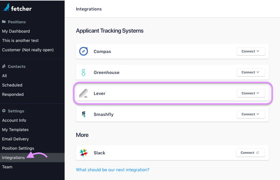Fetcher settings with arrow pointing to integrations in left hand menu and lever listing outlined.