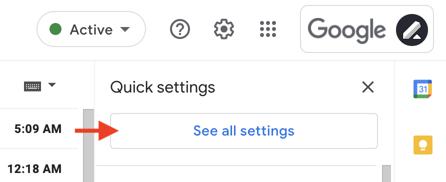 Gmail Settings menu with arrow pointing to See all settings button.