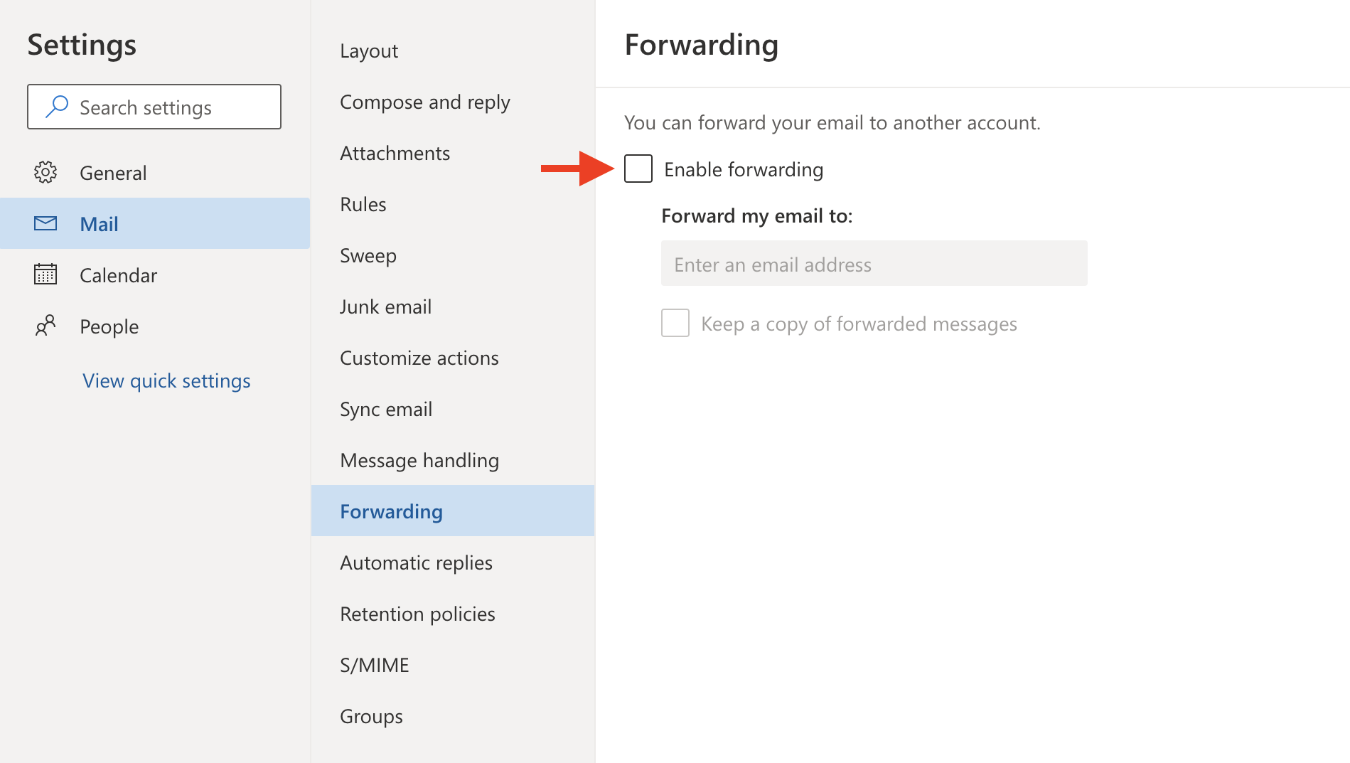 Forwarding section of Outlook Settings with arrow pointing to Enable forwarding checkbox.