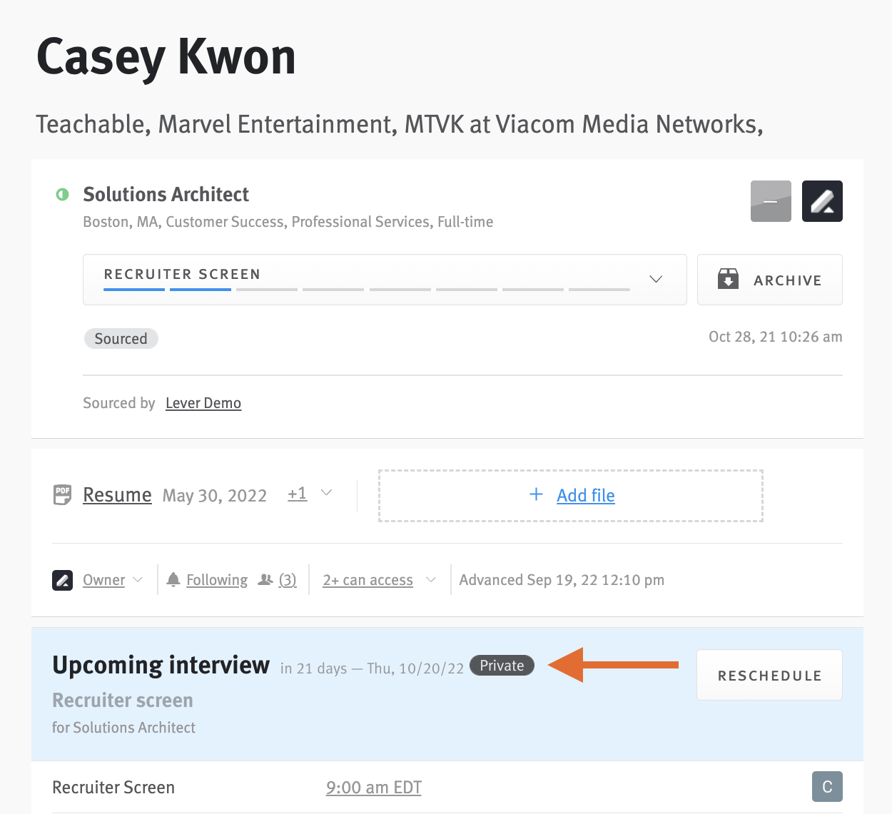 Candidate profile with arrow pointing to private label on upcoming interview