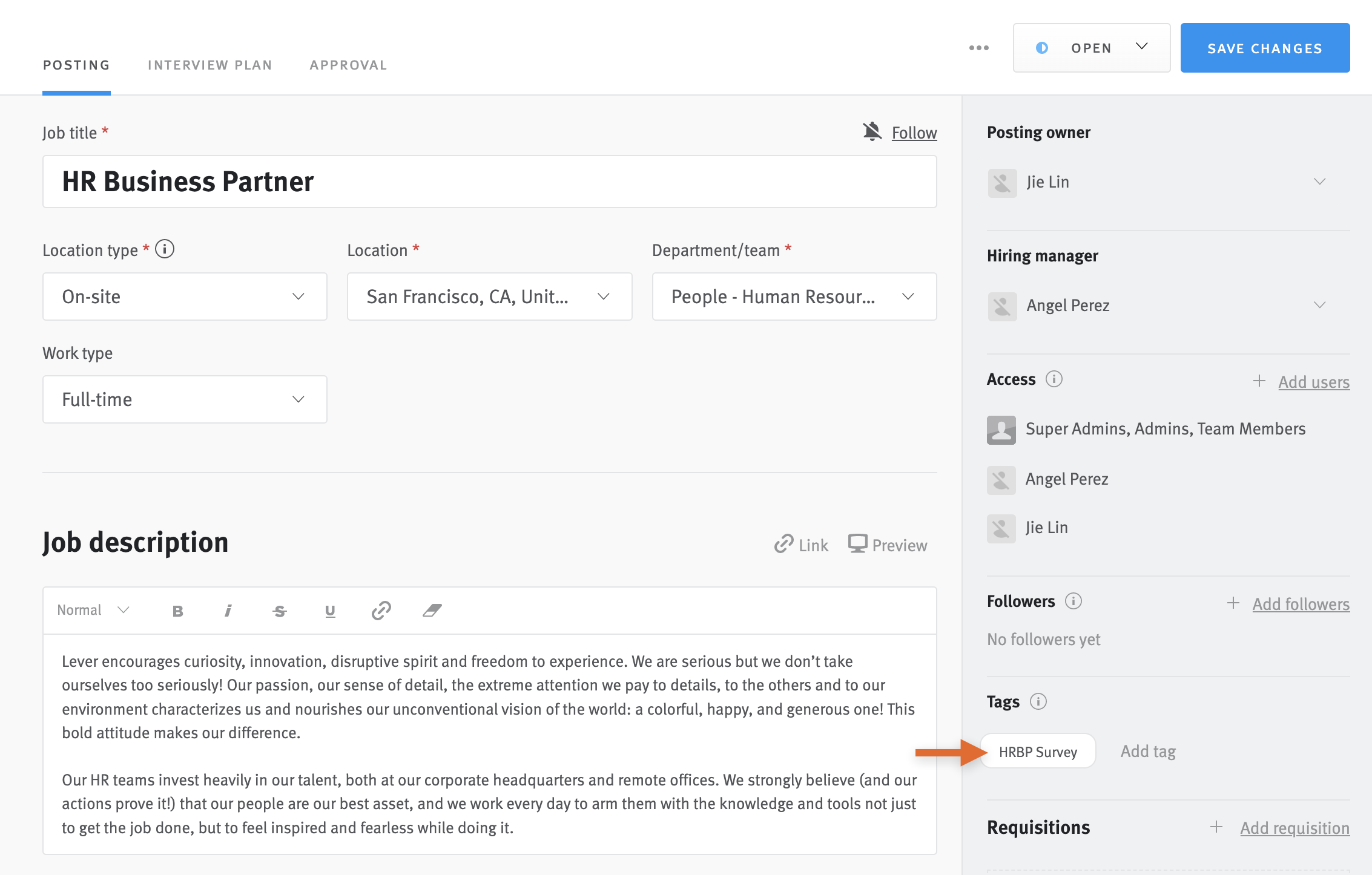 HR Business Partner posting editor in Lever with arrow pointing to HRBP Survey tag