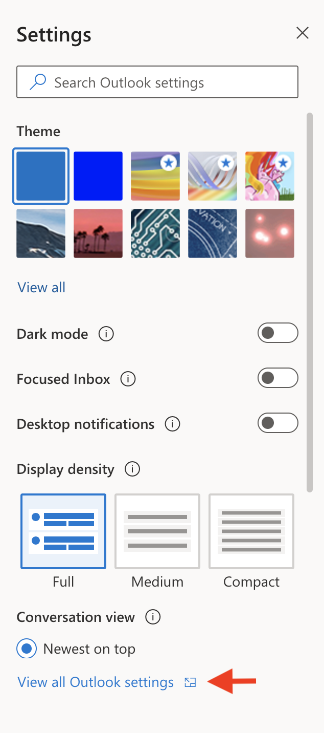 Outlook Settings menu with arrow pointing to View all Outlook settings link.