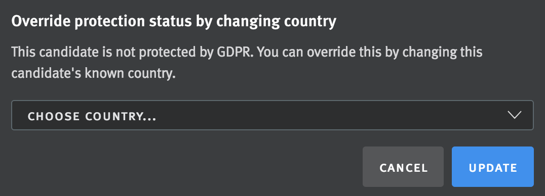 Override protection status pop-up with country dropdown menu