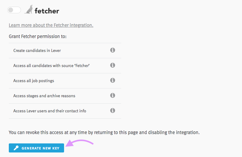Lever settings showing fetcher settings with arrow pointing to generate new key.