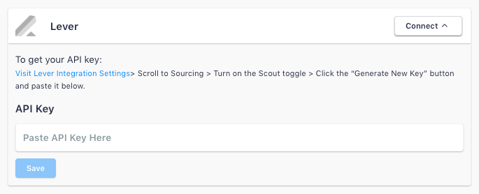Fetcher settings showing Lever listing and API key field.