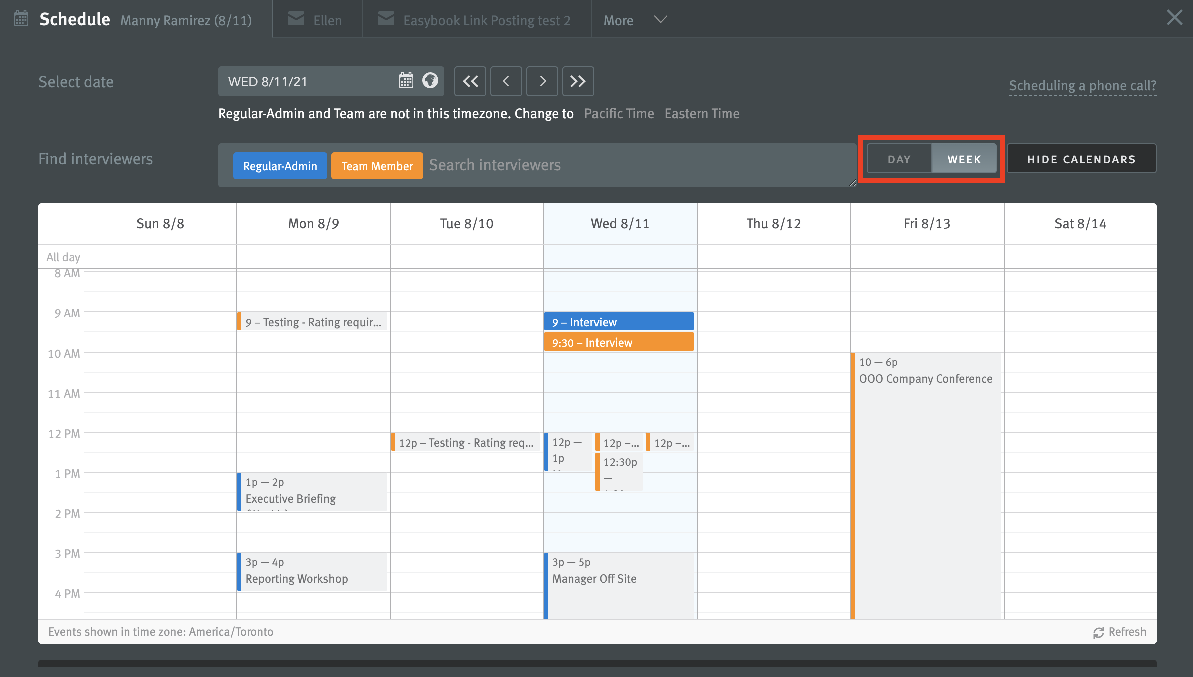 Availability viewer configured to week long display.