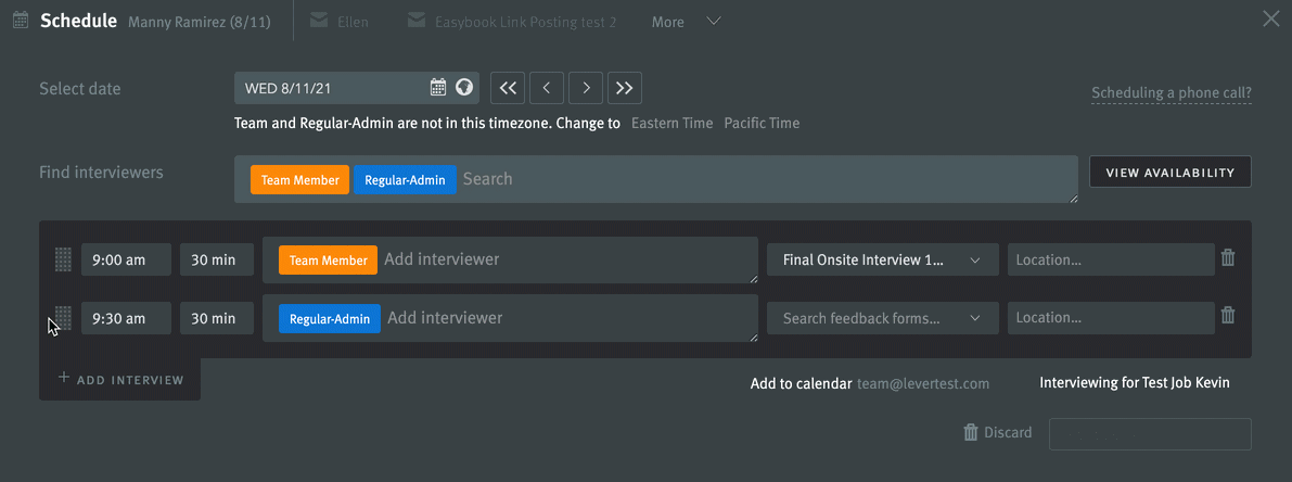 Live image of interview time slots being dragged and dropped into different order, interview template being selected from drop-down menu and then Schedule button is clicked in lower right corner of Scheduling window.