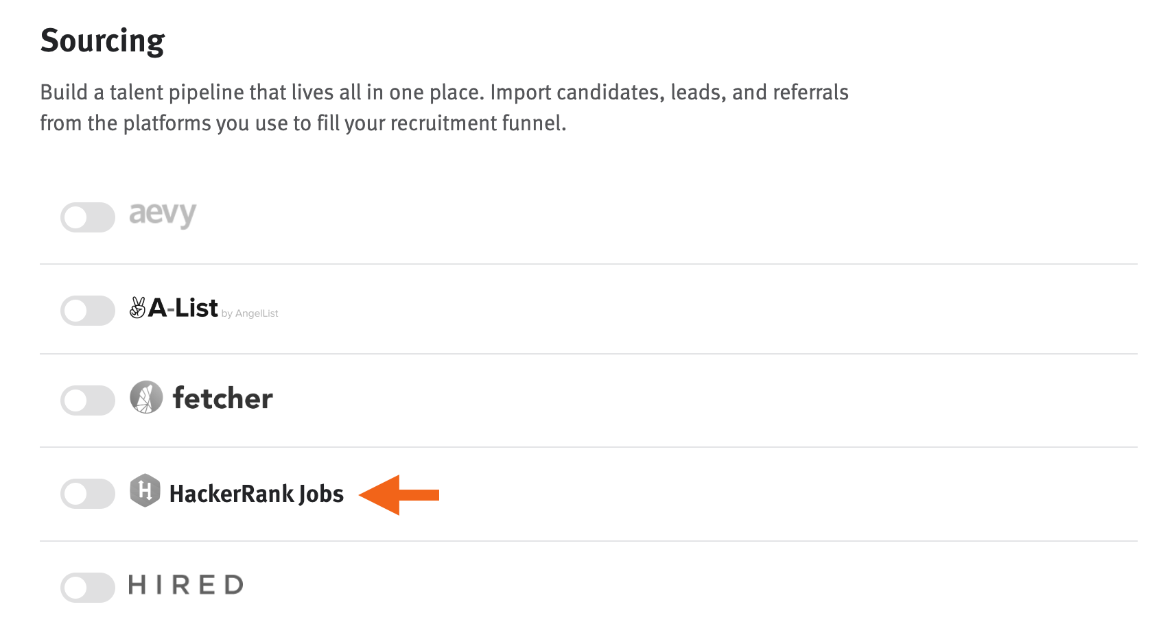 Lever settings page with arrow pointing to hackerrank toggle