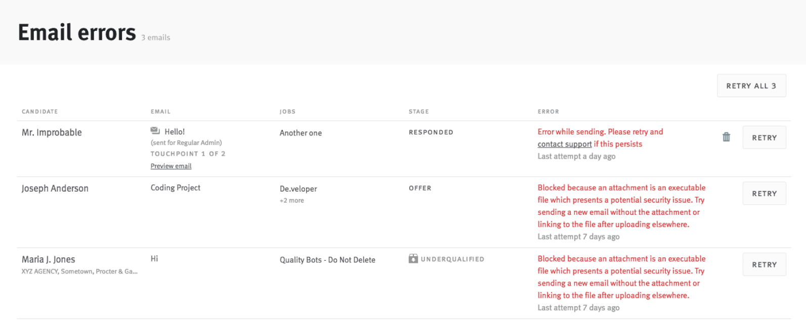 Email error outbox with three emails listed