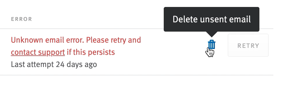 Cursor hovering over trash can icon next to retry button; pop-up extends from icon reading delete unsent email.